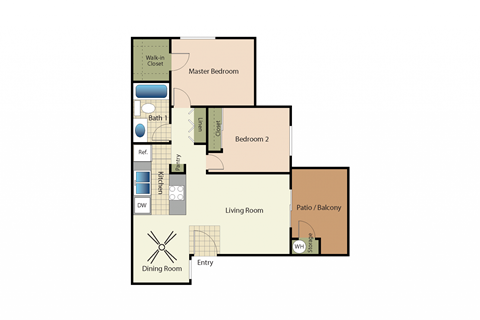 Two bedrooms one bathroom apartment floorplan